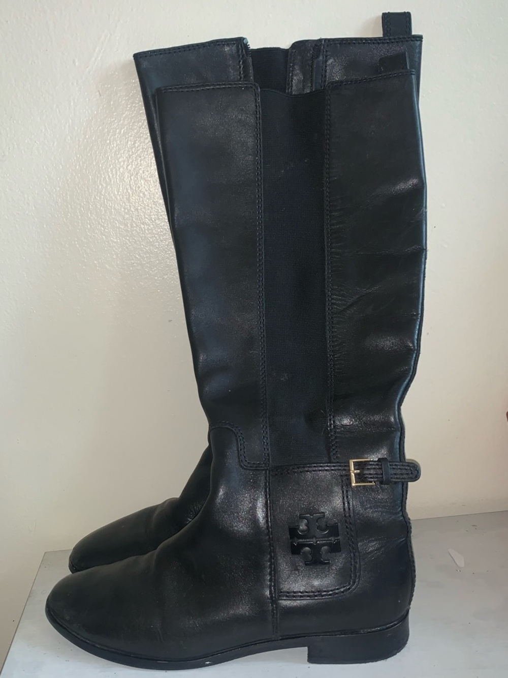 Tory Burch Black Leather Knee-High Logo Boots